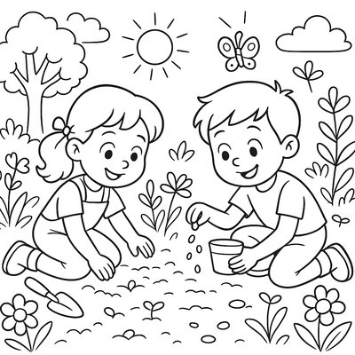 Children Planting Seeds In A Spring Garden