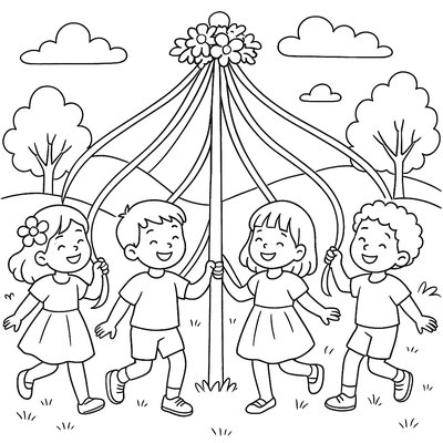May Day Celebration With Children Dancing Around Maypole