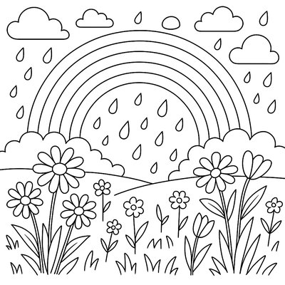 Spring Rain Shower With Rainbow Over Meadow