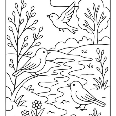Spring Scene With Melting Snow, Budding Trees, And Returning Birds