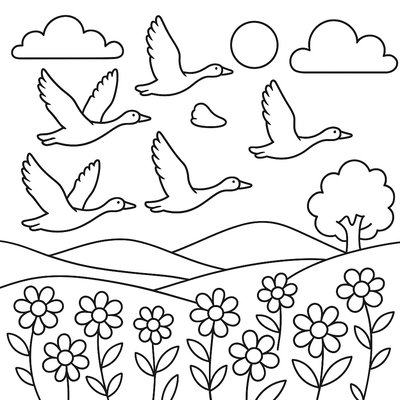 A V-formation Of Geese Flying Over Blooming Countryside