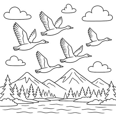 Geese Flying In V-formation Over A Mountain Lake