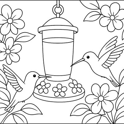 Hummingbirds Arriving At A Backyard Feeder With Flowers