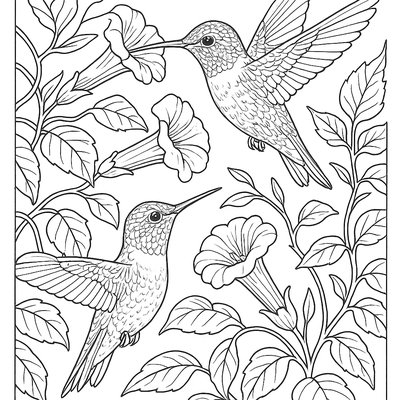 Ruby-throated Hummingbirds Feeding At A Trumpet Vine Flower