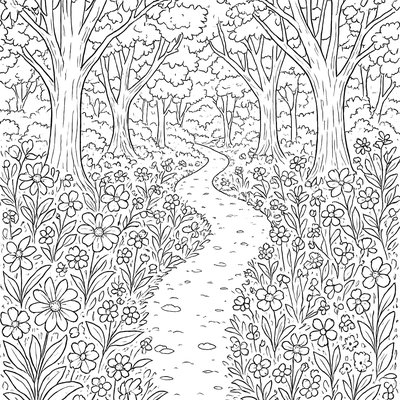 A Forest Path Covered With Spring Wildflowers