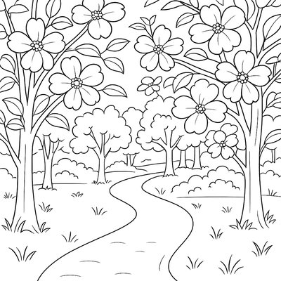 A Forest Path Lined With Flowering Dogwood Trees
