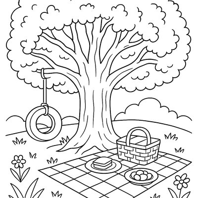 A Massive Oak Tree With Tire Swing And Picnic Beneath Its Canopy