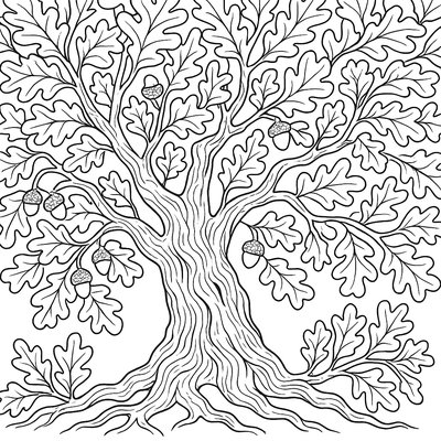 Ancient Oak Tree With New Spring Leaves And Acorns