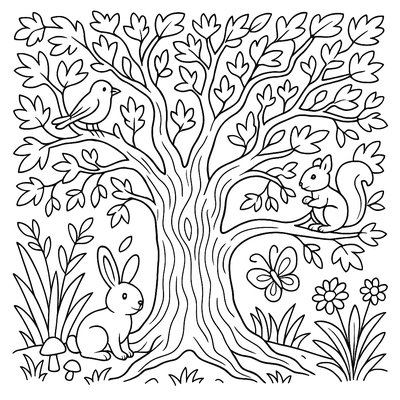 Ancient Oak Tree With New Spring Leaves And Wildlife