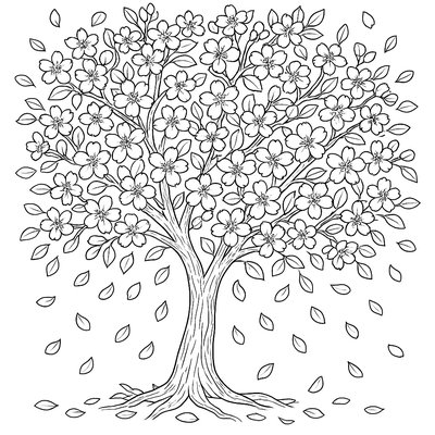 Cherry Tree In Full Bloom With Petals Falling