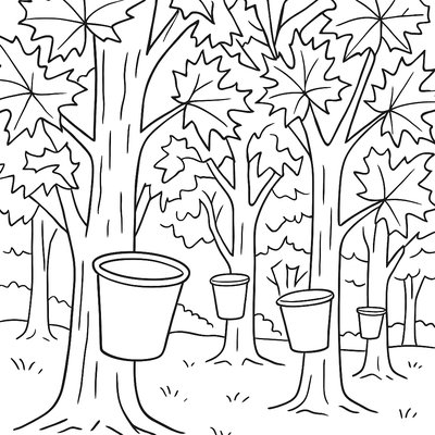 Maple Trees With Spring Sap Collection Buckets