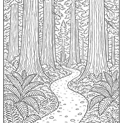 Redwood Forest With Hiking Trail And Ferns