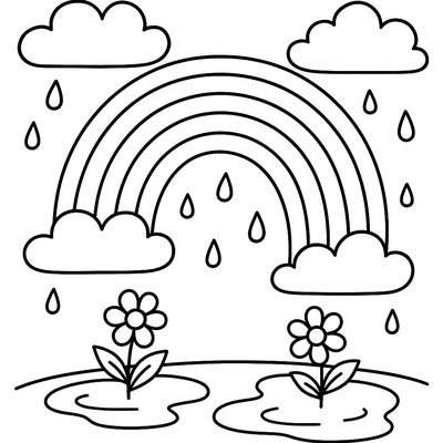 A Rainbow After Spring Rain With Puddles Reflecting Flowers