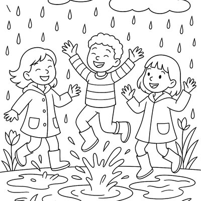 Children Jumping In Spring Rain Puddles