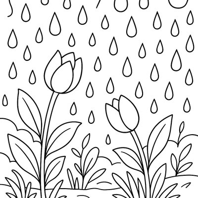 Gentle Spring Rain Falling On Blooming Flowers And Growing Grass