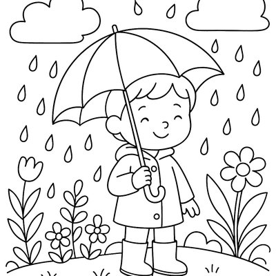 Gentle Spring Rain Falling On Garden With Umbrella-holding Child