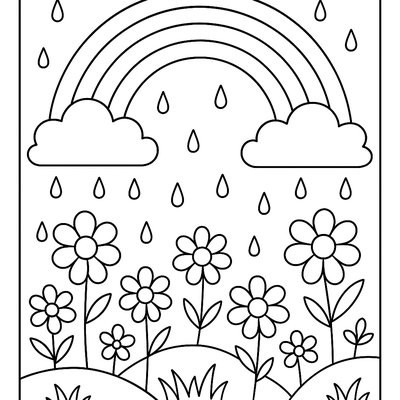 Gentle Spring Shower With Rainbow Over Blooming Field