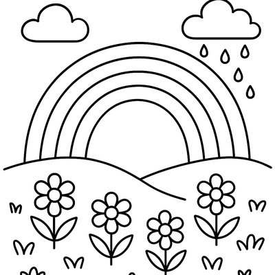 Rainbow After Spring Rain Shower Over Meadow