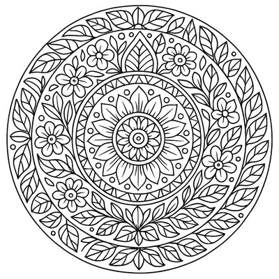 Nature Mandala With Leaves, Flowers, And Geometric Shapes