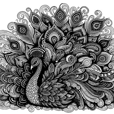 A Zentangle Peacock With Ornate Tail Feathers