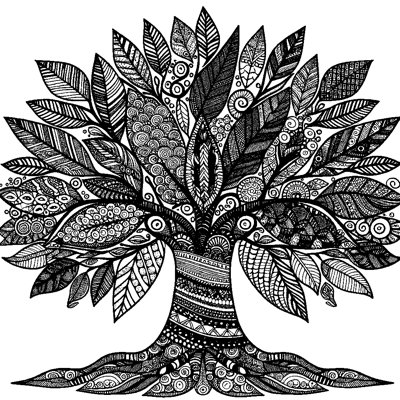 A Zentangle Tree With Patterned Leaves And Trunk