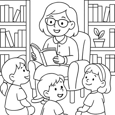 A Librarian Reading To Children In A Cozy Library