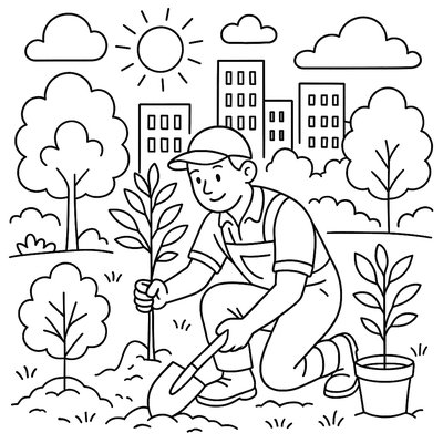 Landscaper Planting Trees For City Beautification