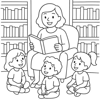Librarian Reading Story To Children In Library Corner