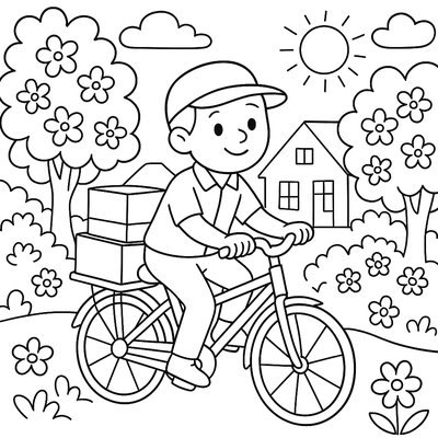 Mail Carrier Delivering Packages On Bike Through Blooming Neighborhood
