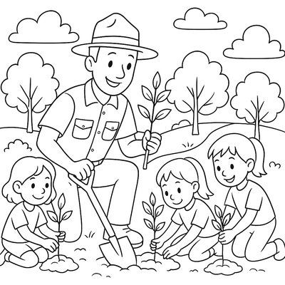 Park Ranger Planting Trees With Children