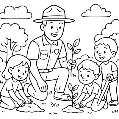 A Park Ranger Planting Trees With Children