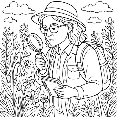 Botanist Studying Rare Spring Wildflowers With Magnifying Glass