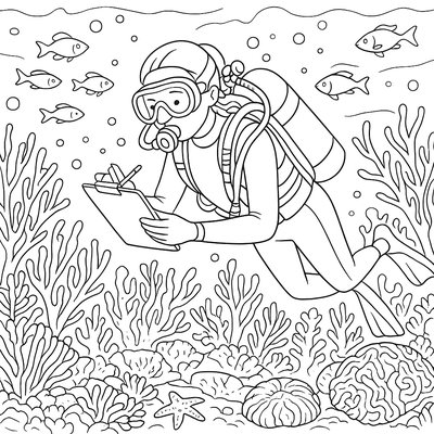 Marine Biologist Studying Coral Reefs Underwater With Diving Equipment