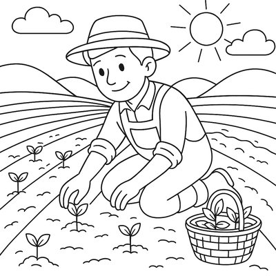 A Farmer Planting Seedlings In Neat Rows In A Field