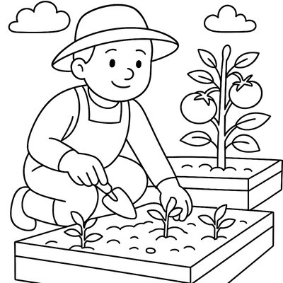 A Gardener Planting Tomato Seedlings In Raised Garden Beds