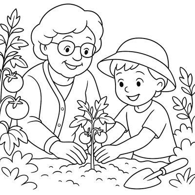 Grandmother Teaching Child To Plant Seeds In Vegetable Garden