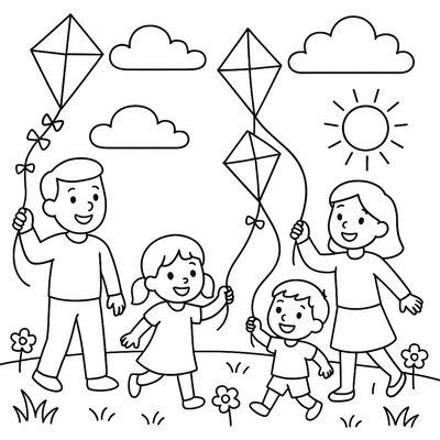 A Family Flying Kites In A Spring Meadow