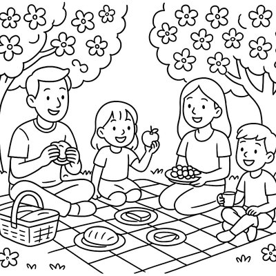 A Family Having A Picnic Under Blooming Trees