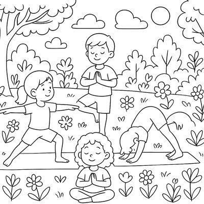 Children Doing Yoga Poses In A Peaceful Spring Garden