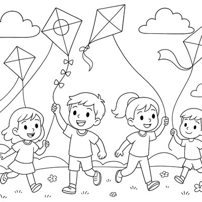Children Flying Colorful Kites In A Park On A Windy Day