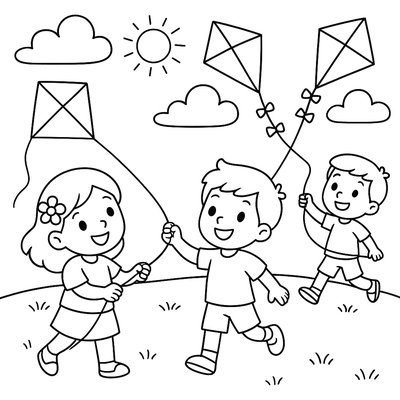 Children Flying Kites In A May Meadow