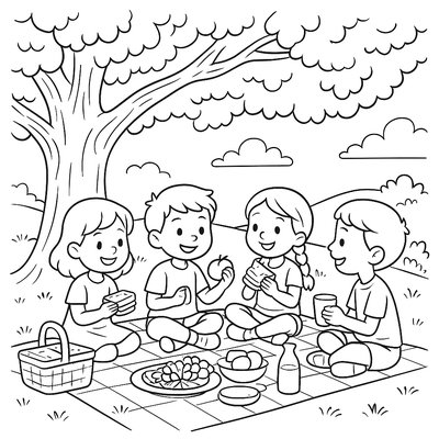 Children Having A Picnic Under A Large Oak Tree