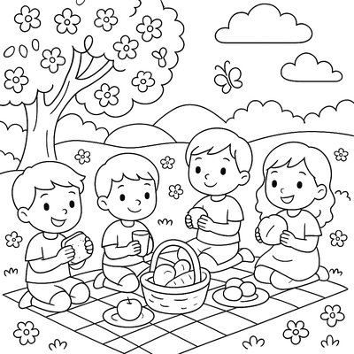 Children Having Picnic In Blooming Park