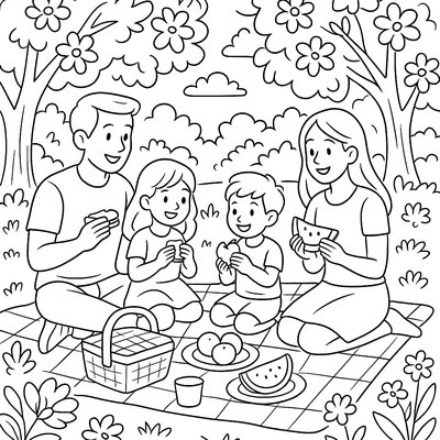 Family Having A Picnic In A Blooming Park