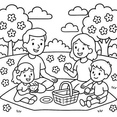 Family Having Picnic In Blooming Park