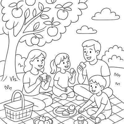 Family Having Picnic Under Blooming Apple Tree