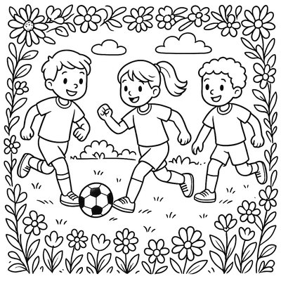 Kids Playing Soccer On Field With Spring Flowers Around Border