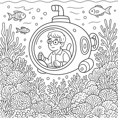 A Marine Biologist Inside A Small Submersible Research Vehicle, Observing A Detailed Coral Reef