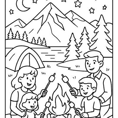 A Family Camping By A Mountain Lake Under A Starry Night Sky With A Softly Glowing Tent