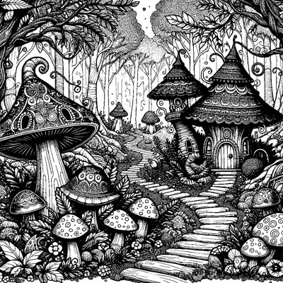 A Magical Forest With Mushroom Houses And Fairy Paths